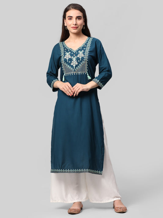 Aaysa Women Embroidered Viscose Rayon A-line Kurta  (Blue)