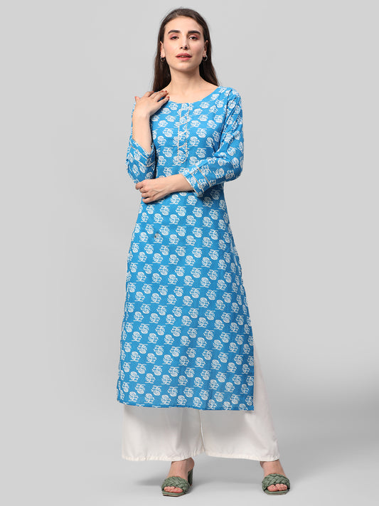 Aaysa Women Block Print Cotton Blend A-line Kurta  (Blue)