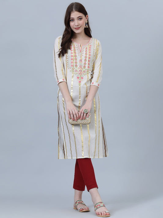 Aaysa Women Embroidered, Striped Cotton Blend Straight Kurta  (White)