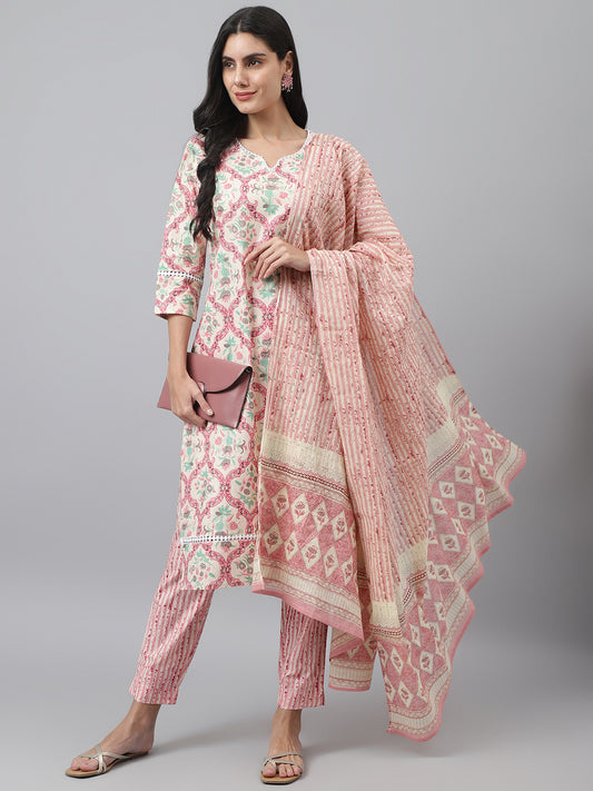 Aaysa Women Kurta, Pant And Dupatta Set Cotton Blend (Pink,Blue)